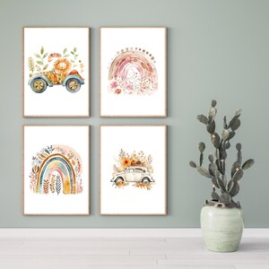 Poster Druck A5 / Regenbogen / Löwe im Auto / Blumenauto / Retro / Boho / Aquarell / Sommerlich / Wandbild / Wanddekoration / Dekoration