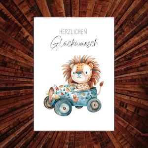 Postkarte Geburtstag / Kindergeburtstag / Löwe / Feier / Geschenk / Aquarell / Freude / Luftballons / Party / Auto