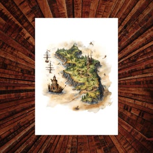 Poster Druck A4 / Landschaft / Berge / Landkarte / Schiff / Reisen / Camping / Aquarell / Kinderzimmer / Geschenk / Boho / Kindergeburtstag