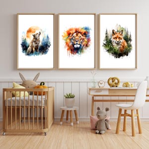 Poster Druck A4 / Wilde Tiere / Wolf / Löwe / Fuchs / Bunt / Safari / Wald / Aquarell / Kinderzimmer / Geschenk / Boho / Kindergeburtstag