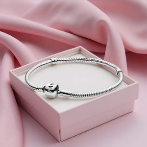 May include: A silver bracelet with a snake chain design, presented in a light pink gift box. The bracelet has a square clasp with the letters "AN" engraved. The background is a soft pink fabric.