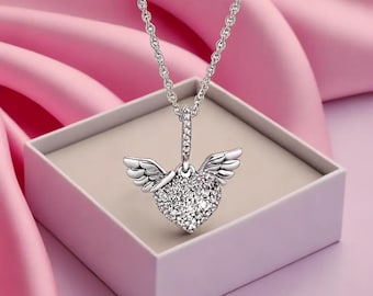 Pave Heart and Angel Wings Necklace Guardian Angel  Pendant Sparkle Necklace with Rhinestone Heart on a 45 cm Chain