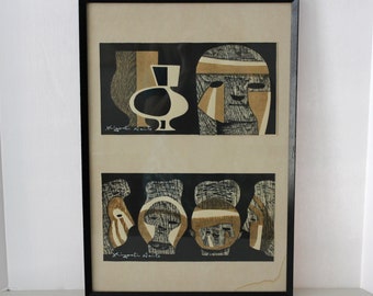 2 Kiyoshi Saito Signed Framed Wood Block Prints, Haniwa Japanese Burial Pottery Figures