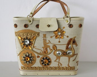 Enid Collins Purse Handbag Carriage Trade, Horse, Gold, Vintage