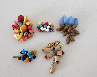 Lot of 5 Miriam Haskell Pins Brooches, Fruit Clusters, Beads, Cork, Glass, Plastic