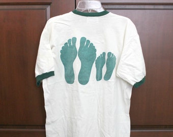 Vintage Ringer Stedman T Shirt, 1960s Hawaii, Surfing, Two Pair Hanging Feet, Footprints, Hawaiian, Big Small, Green White