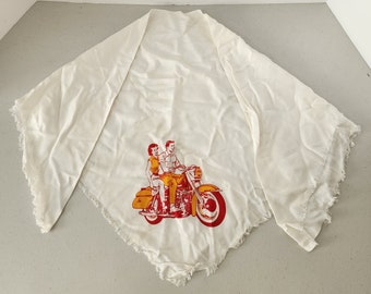 Vintage Scarf with Couple Riding Harley Motorcycle, 1950s 1960s, White, Orange, Red, Rayon