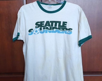 Seattle Sounders Ringer T Shirt, HAS STAINS , YELLOWING, Vintage 1980s Soccer