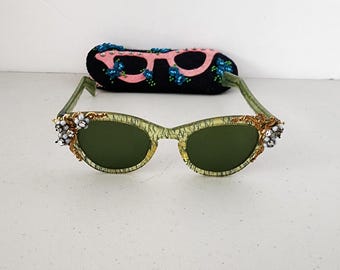 Cat's Eye Confetti Rhinestone Green Sunglasses with Case, Vintage Mid Century Frames