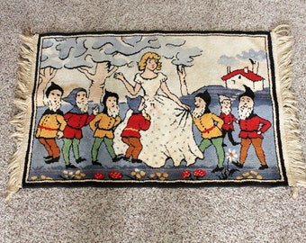 Snow White Seven Dwarfs Tapestry Fringed Rug Vintage 1940s