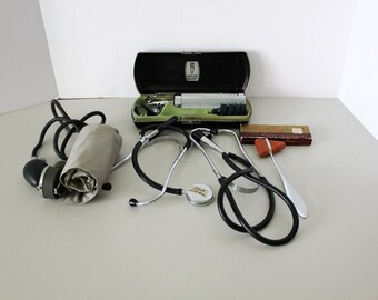 Lot of Vintage Medical Equipment Instruments, Stethoscopes, Otoscope, BP Cuff, More As Is