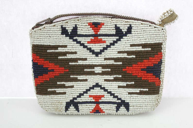 Native American Beaded Coin Purse Pouch Eagle USA Flags Beads Vintage 1950s