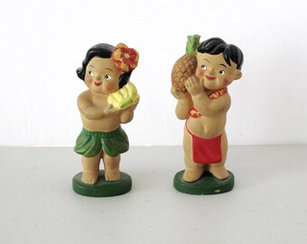 Dole Pineapple Kids Hawaiian Figurines, Hawaii Chalkware Vintage 1960s