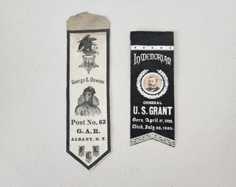 Lot of 2 Civil War Related Ribbons, U.S. Grant Memoriam, Memorial, G.A.R. Dawson Post 63, Grand Army of the Republic