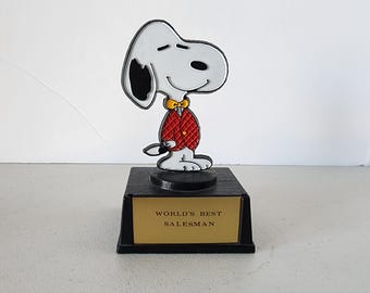 Snoopy Peanuts World's Best Salesman Aviva Trophy Award Statue Vintage 1970s