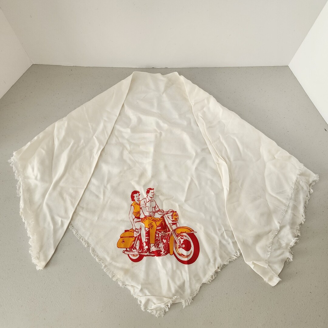 Scarf Riding Motorcycle Vintage Scarf With Couple Riding Harley Motorcycle, 1950s 1960s, White ...