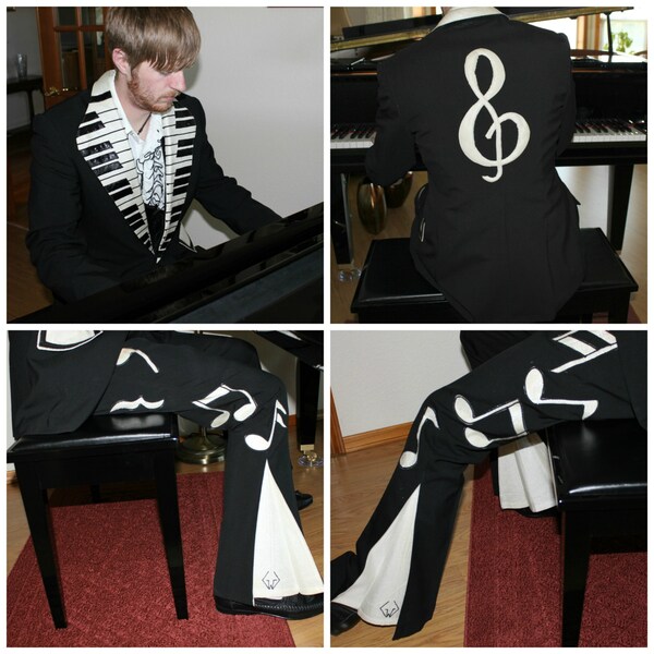 Vintage OOAK Lord West Nudie Style Tux Suit Musician Costume Custom Made Lounge Singer Piano Keys Notes Bell Bottoms