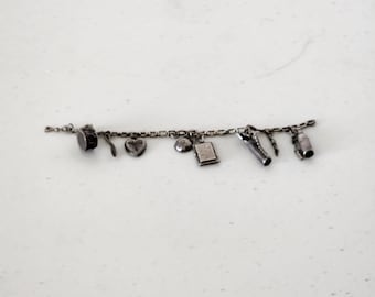 Sterling Silver Victorian Charm Bracelet, Vintage 1920s, Drum, Heart, Locket, Cap, Quiver, Wine Bottle, Scissors, Spoon.