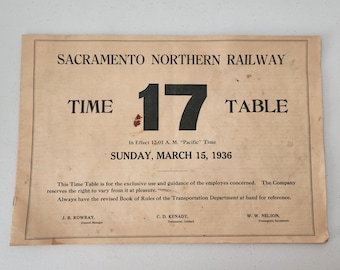 Sacramento Northern Railway Time Table 17 March 15 1936 Railroad Schedule California