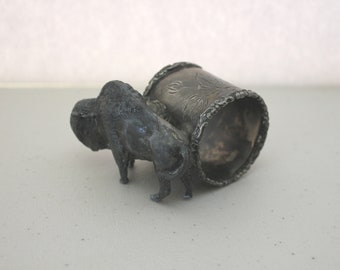 Antique Buffalo Silver Plated Napkin Ring Holder, Victorian Metal Animal Tableware