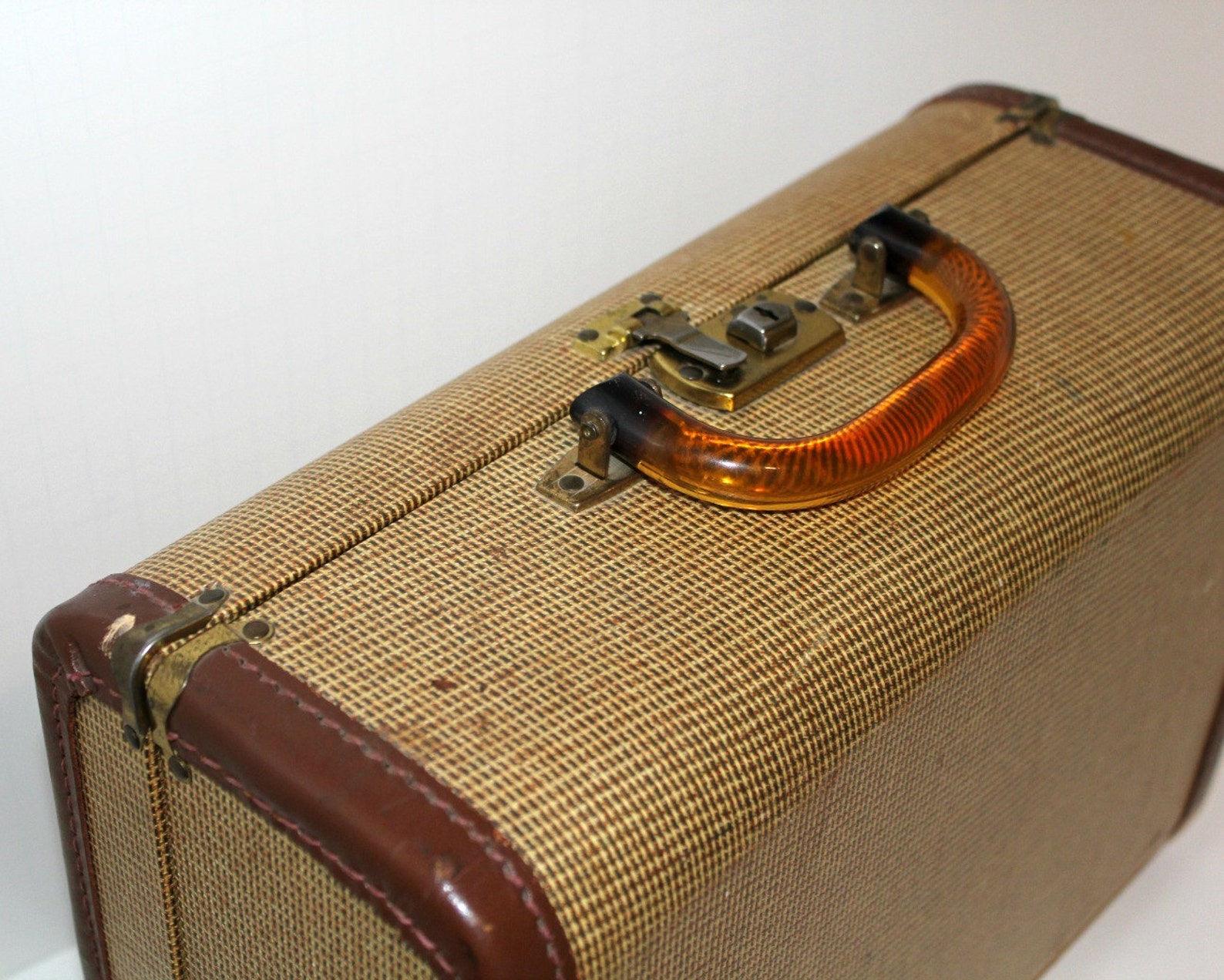 Vintage Tweed Suitcase Luggage Train Case Bakelite Handle Etsy