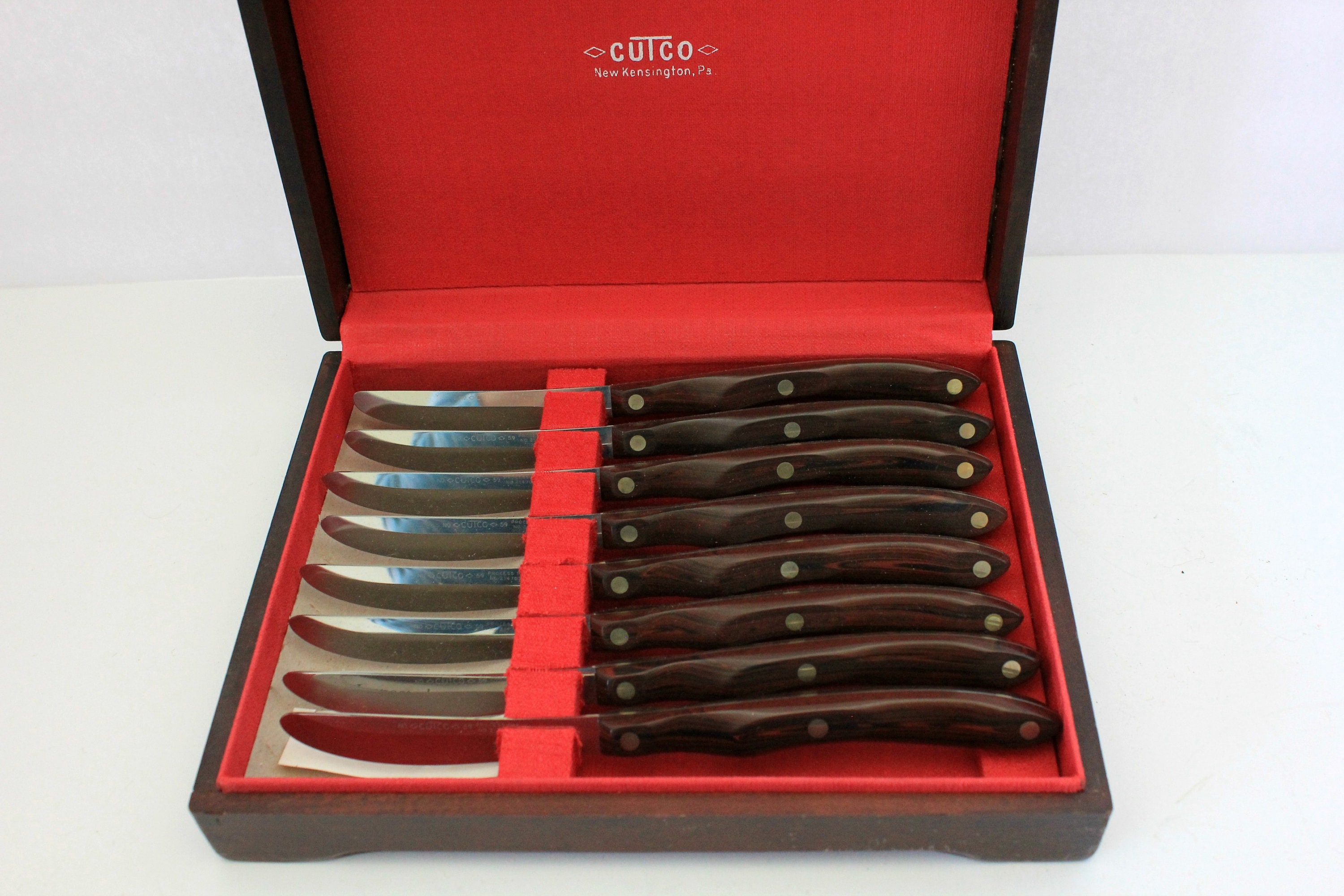 Vintage Cutco 59 Steak Knives Set of 8 Brown Wood Grain Handle Knife in