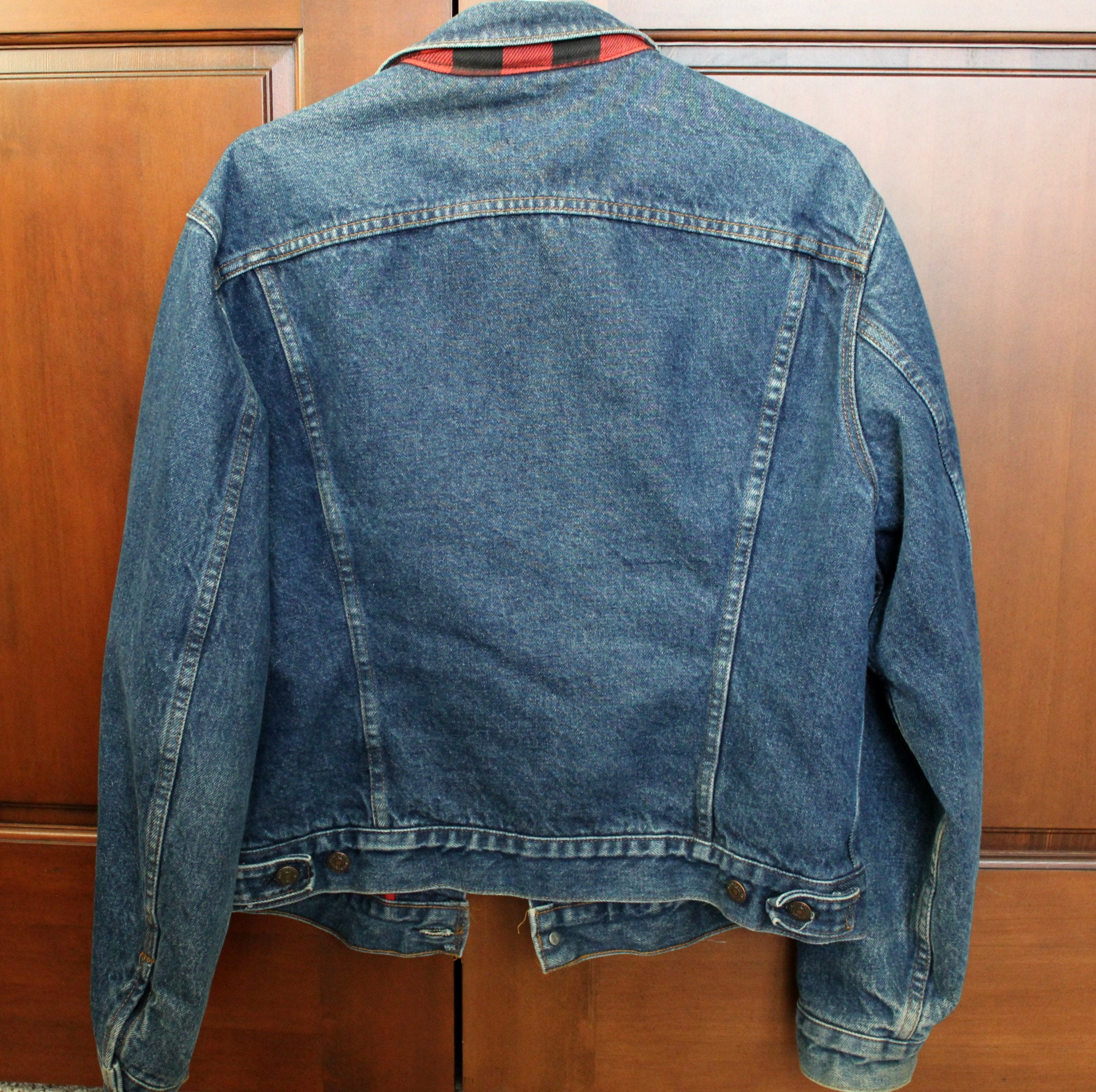 Vintage Levi Trucker Jacket Plaid Flannel Lined Denim Jean Jacket Sz 44