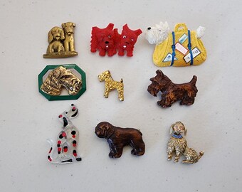 Lot of 9 Dog Brooches Pins, Celluloid, Syroco, Rhinestone, Metal