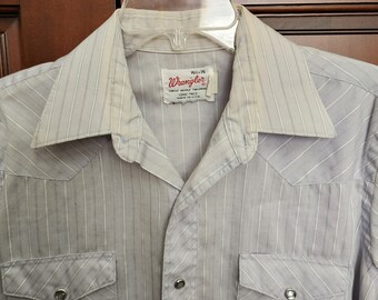 Wrangler Western Striped Shirt, Vintage 1960s Cowboy, Light Blue, Pearl Snaps