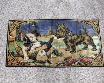 1940s Tapestry Dogs Playing, Scottie Scottish Terrier, Vintage Wall Hanging