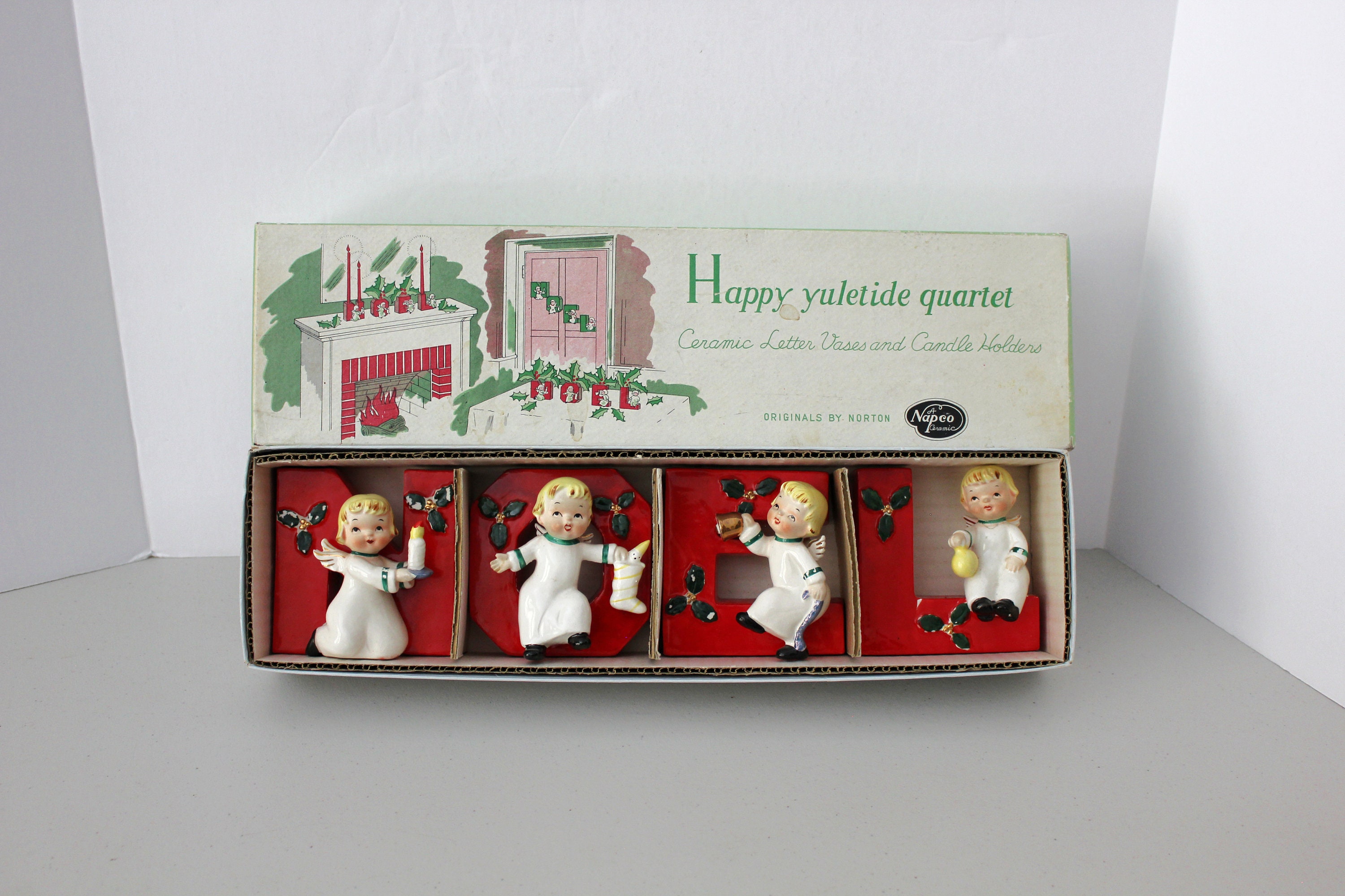 1950s Napco Happy Yuletide Quartet Ceramic NOEL Vases Candle