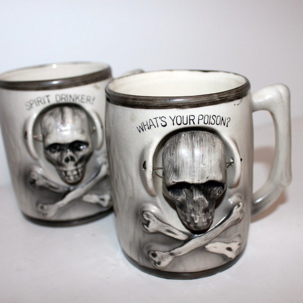 2 Skull Crossbones Mugs Cups Nodder Heads Vintage Pair Set Gothic Halloween