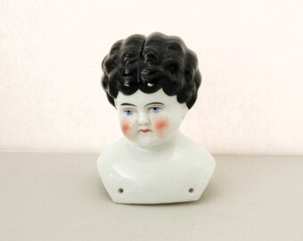 German China Doll Head, Antique, Black Hair, Blue Eyes