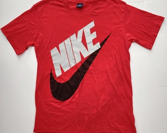 1980s Nike Red T Shirt, Large Print Logo, Blue/Silver Tag, Men's