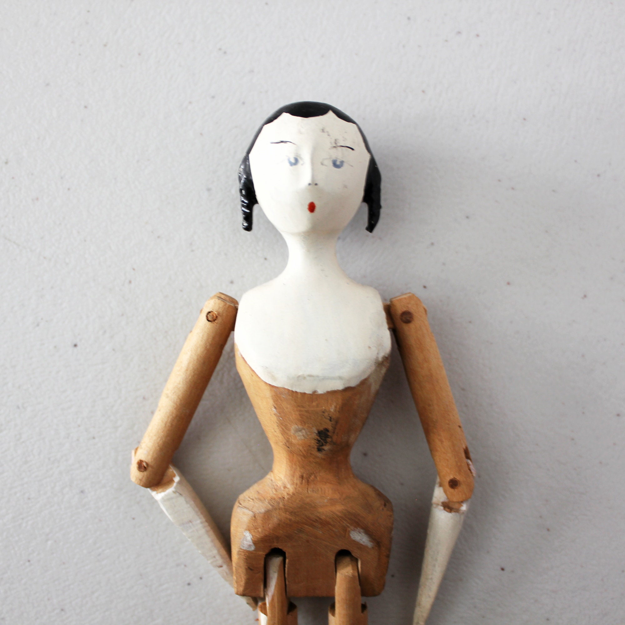 Grodnertal Wood Peg Penny Doll, Dutch Vintage Folk Art 1930s