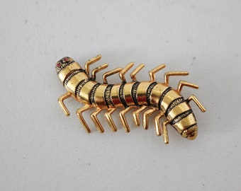 Centipede Brooch Pin, Red Rhinestone Eyes, Vintage 1940s, Insect, Bug