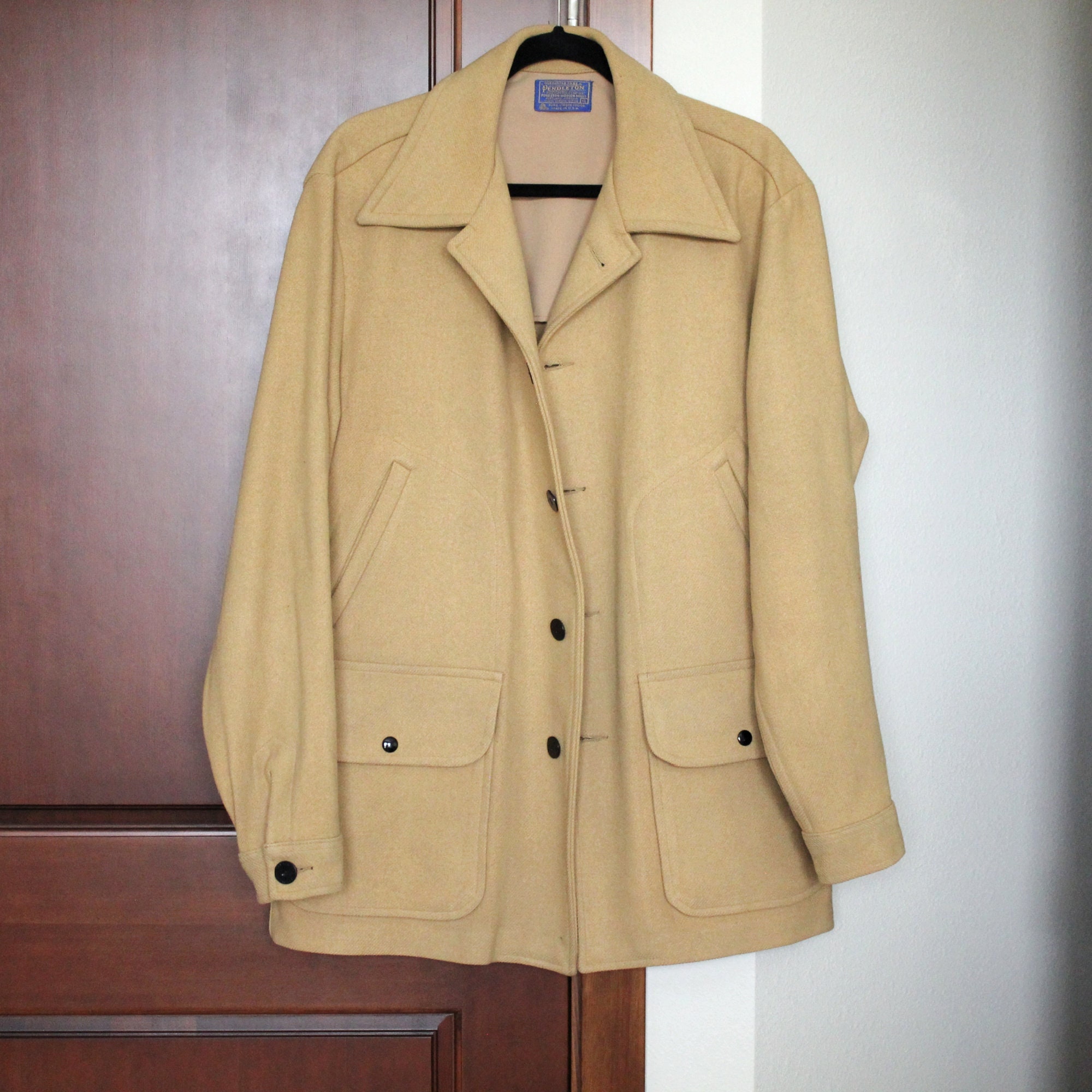 Pendleton Men's Wool Coat Jacket, Vintage Camel Beige Brown, Size XL