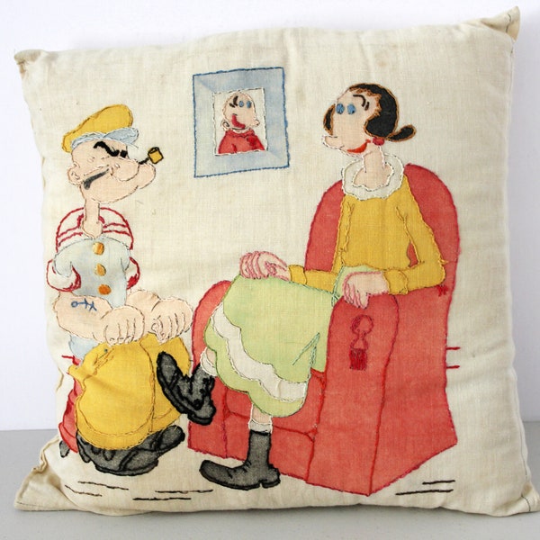 Reserved for Duckrabbit - Popeye Olive Oil Stitched Pillow, Sweet Pea, Vintage 1930s Cartoon Decor