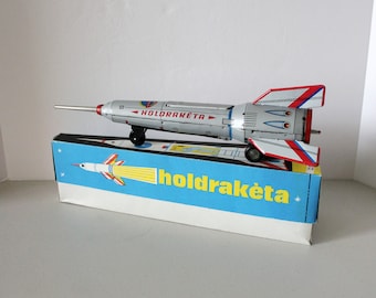 1980s Friction Action Metal Rocket in Box, Hungary, Holdraketa, Lemezaru Gyar,