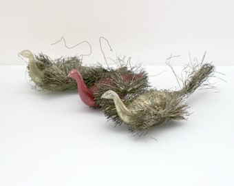 Antique Wire Wrapped Glass Swan Ornaments, Lot of 3 Vintage Christmas Bird Ornaments