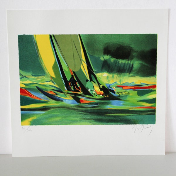 Marcel Mouly Sailing Yachting Print, firmado, numerado 111/300, Green Ocean Boating