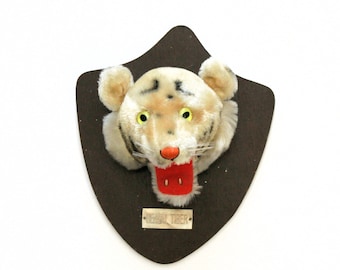 Bengal Tiger Head Straw Stuffed Plush Wall Hanging Plaque, Vintage 1960s