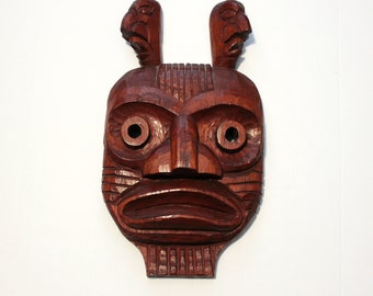 1961 Native American Inuit Wood Carved Face Mask, Art Waldie, Large Wooden Carving, Wall Hanging