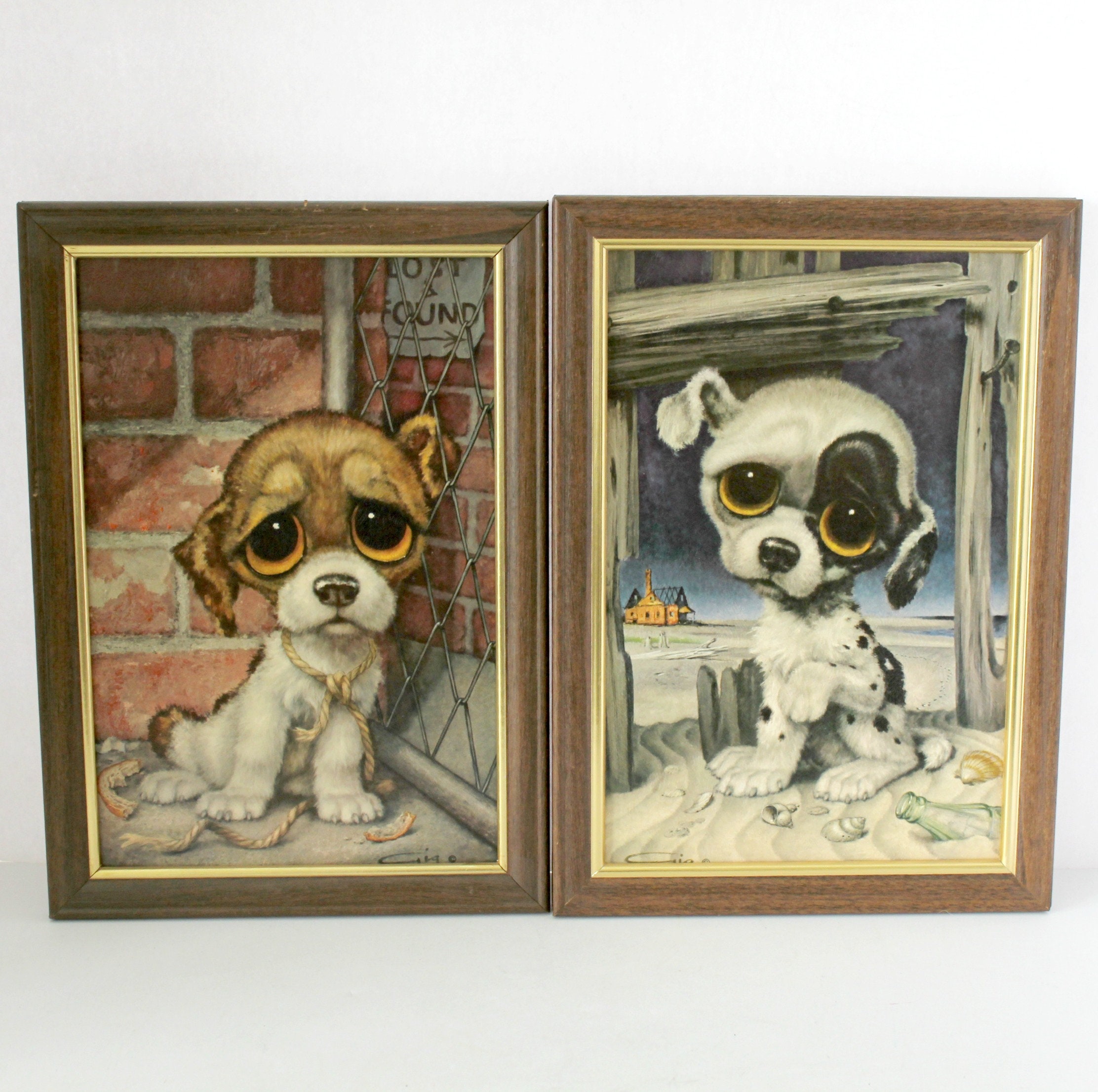 Pair Vintage Big Sad Eye Dog Prints by Gig | Pity Puppy Pair Vintage Big Sad Eye Dog Prints by Gig | Pity Puppy