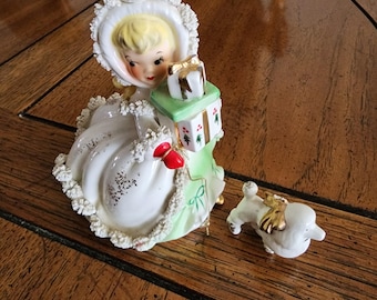 Napco Christmas Girl With Gifts and Poodle Dog China Figurine DAMAGED