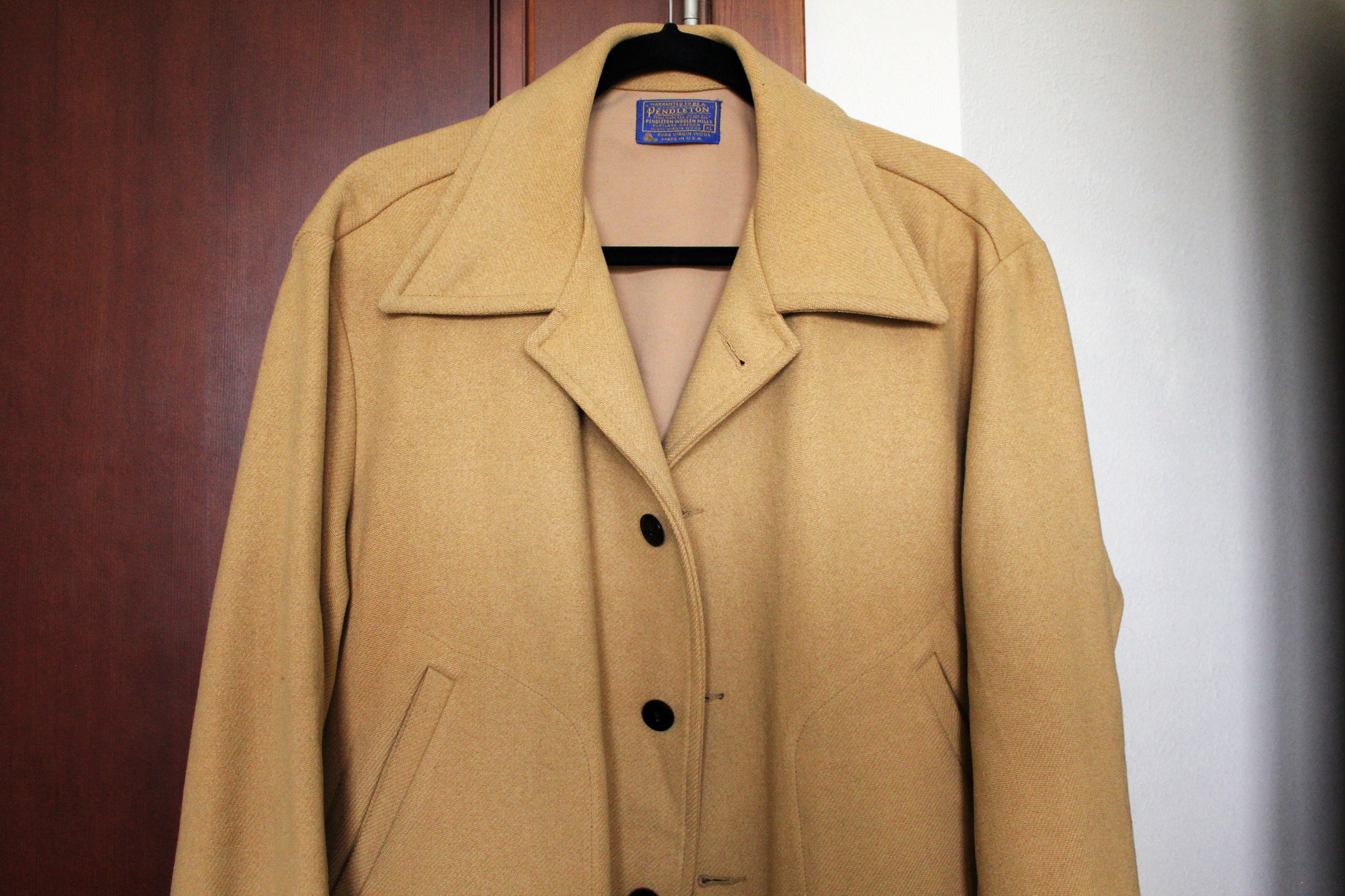 Pendleton Men's Wool Coat Jacket, Vintage Camel Beige Brown, Size XL