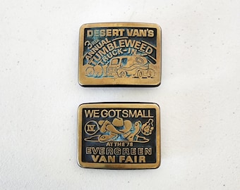 Lot of 2 1970s Van Club Belt Buckles, Auto, Hippie, Tumbleweed, Evergreen, WA