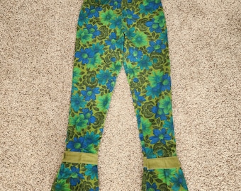 Bell Bottom Blue Green Floral Pants 1970s, Handmade Small Size