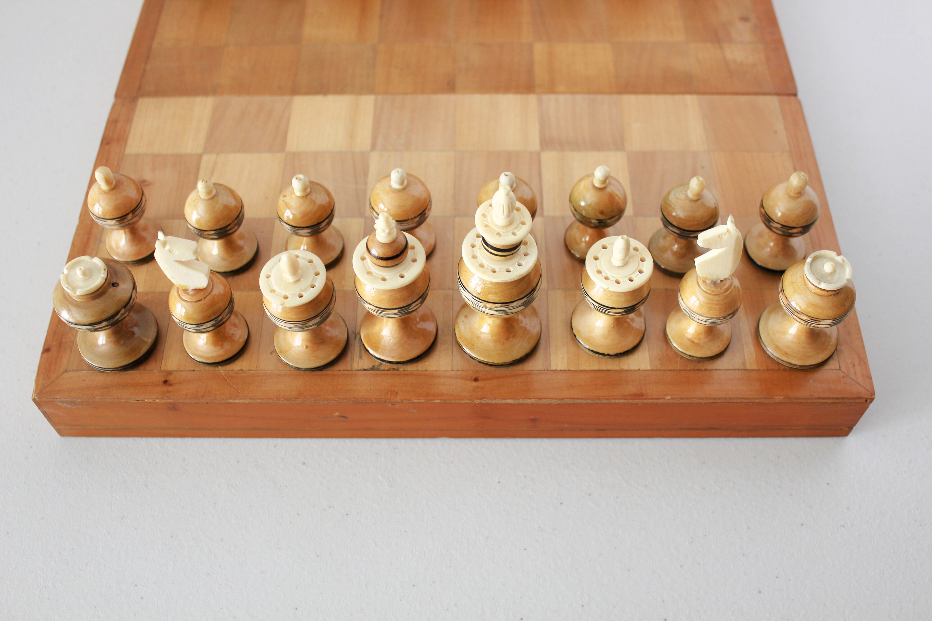 Vintage Bone Wood Chess Set in Wooden Box, Mexican Folk Art, Mexico