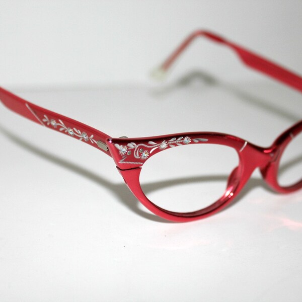 Vintage Cat's Eye Eyeglasses Frames Red Aluminum Victory Rhinestone